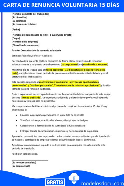 Carta Renuncia Voluntaria 15 dias