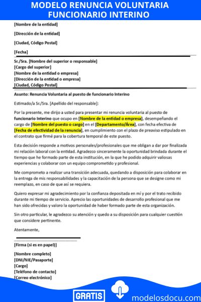 Modelo renuncia voluntaria funcionario interino