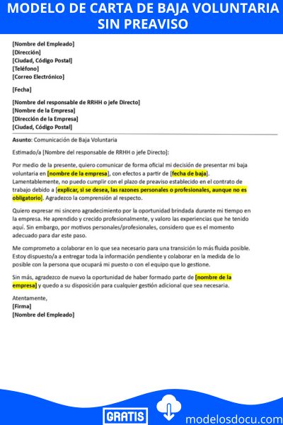 carta de baja voluntaria sin preaviso