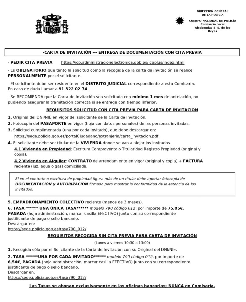 Modelo tramite para carta de invitación a España