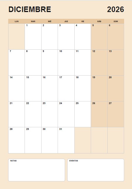 Calendario para Diciembre 2026