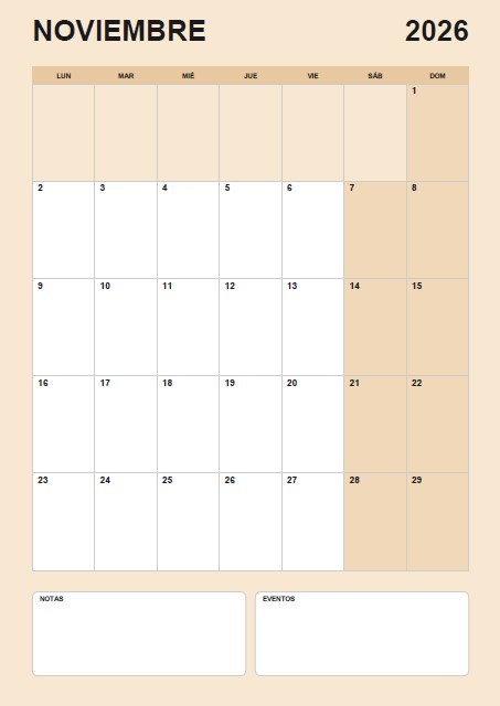 Calendario para Noviembre 2026