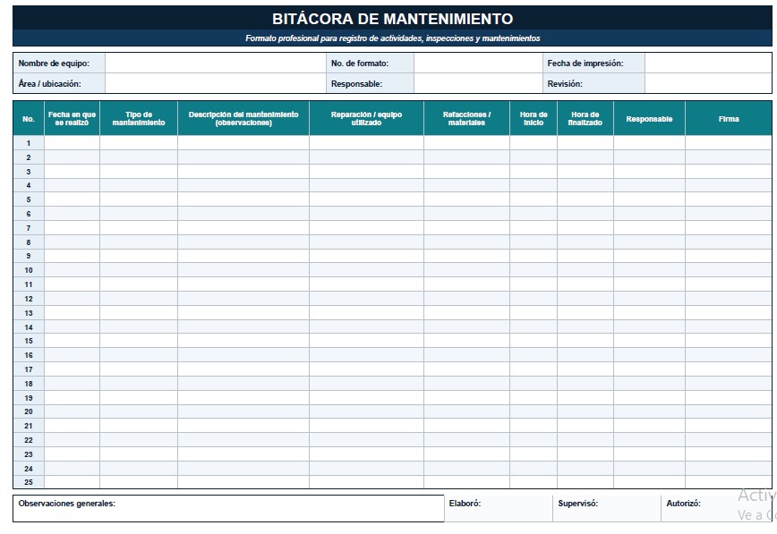 bitacora de mantenimiento - formato