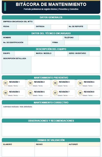 bitacora de mantenimiento preventivo