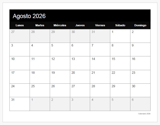 calendario agosto 2026