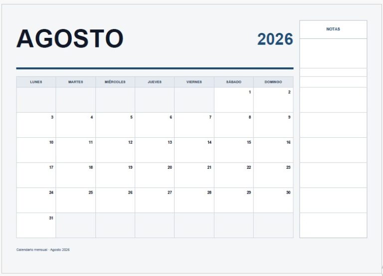 Calendario de Agosto 2026 para Imprimir Gratis en PDF y PNG