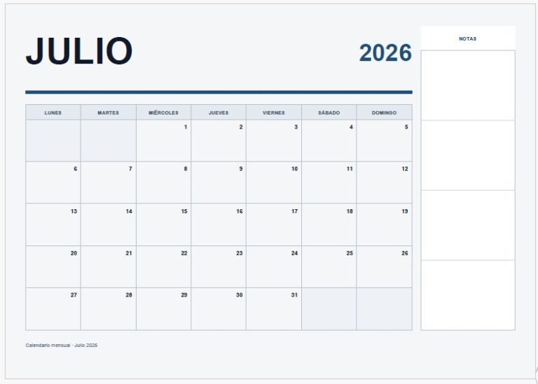 Calendario de Julio 2026 para Imprimir: Formatos PDF, PNG y Excel