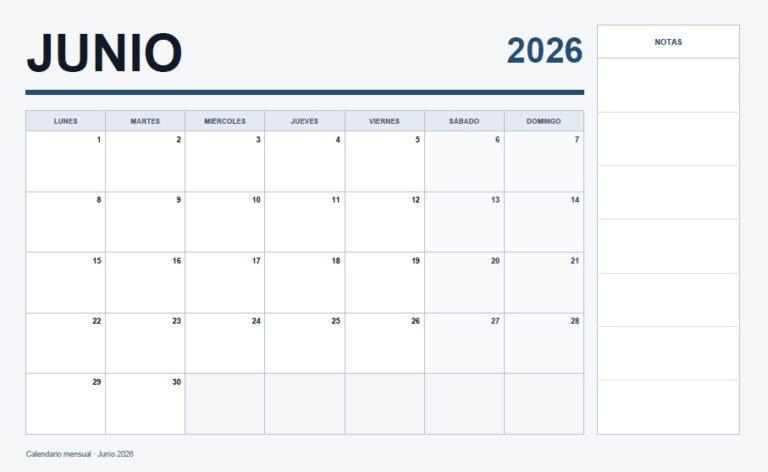 Calendario de junio 2026 para Imprimir Gratis: Formatos JPG, PDF y Excel