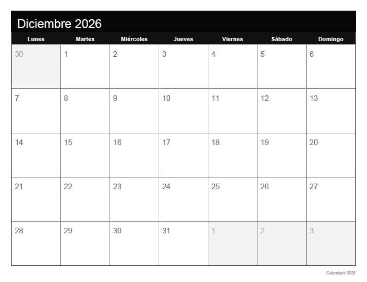 calendario diciembre 2026
