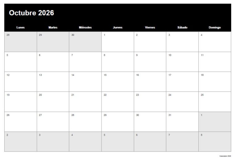 Calendario de Octubre 2026 para Imprimir Gratis en PDF, JPG y Excel