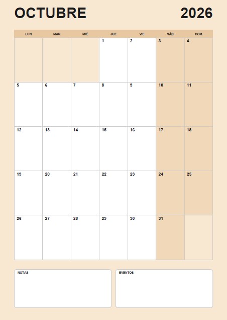 calendario para octubre 2026