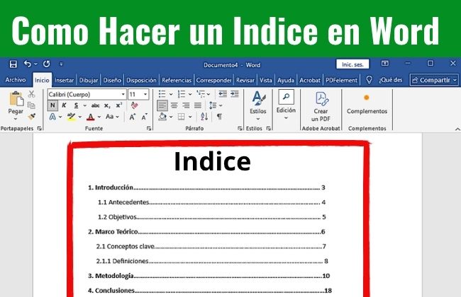 como poner indice en word