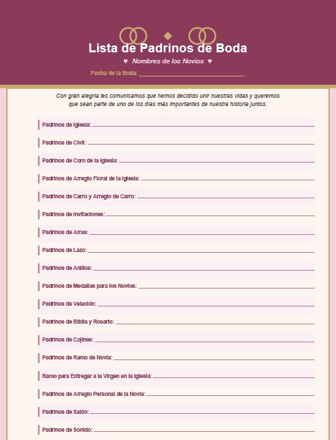 modelo lista de padrinos de boda